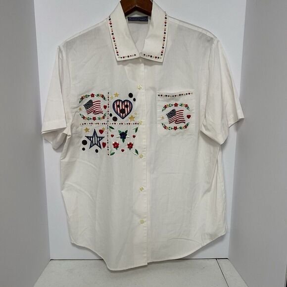 Karen Scott Tops - Karen Scott Embroidered Blouse White Button‎ Up Short Sleeved Sz In Description